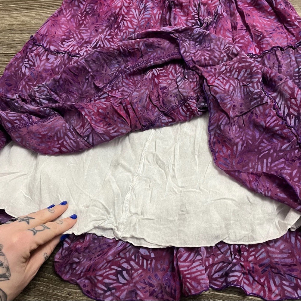 Vintage 90s does 70s Boho Tiered Rayon Skirt | Purple Pink Abstract Leaf Medium - Picture 7 of 9